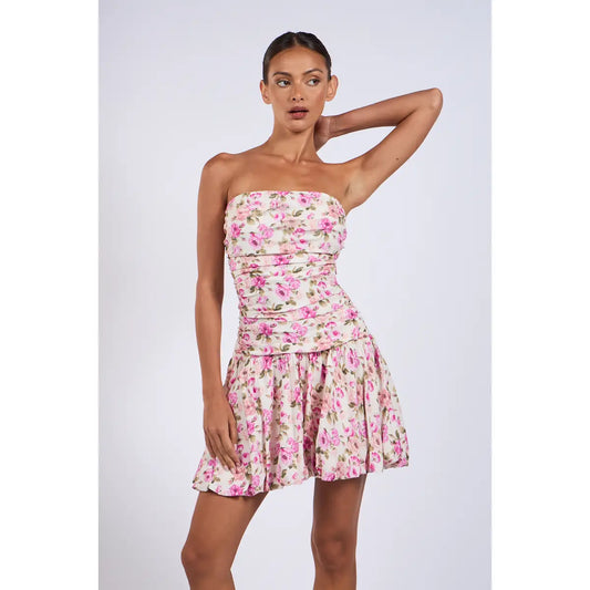 Pink Floral Ruched Body Bubble Hem Tube Mini Dress