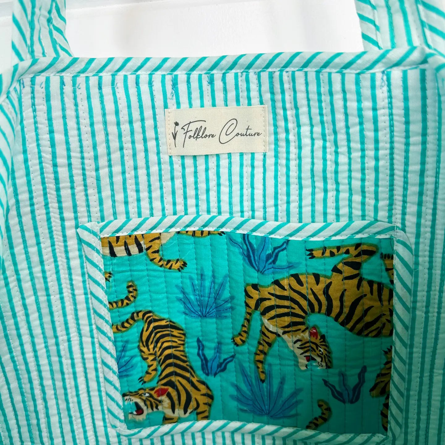 Tiger Tote Bags | Aqua Blue Quilted Bag | Large Travel Totes