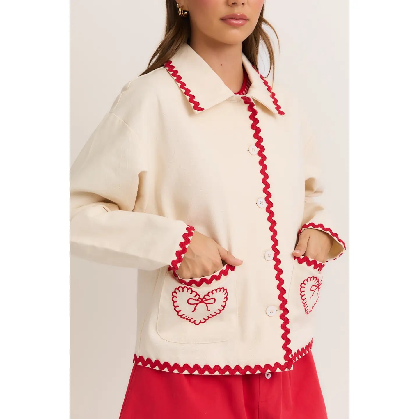 Ric-Rac Trim Detail Front Pocket Cropped Boxy Jacket