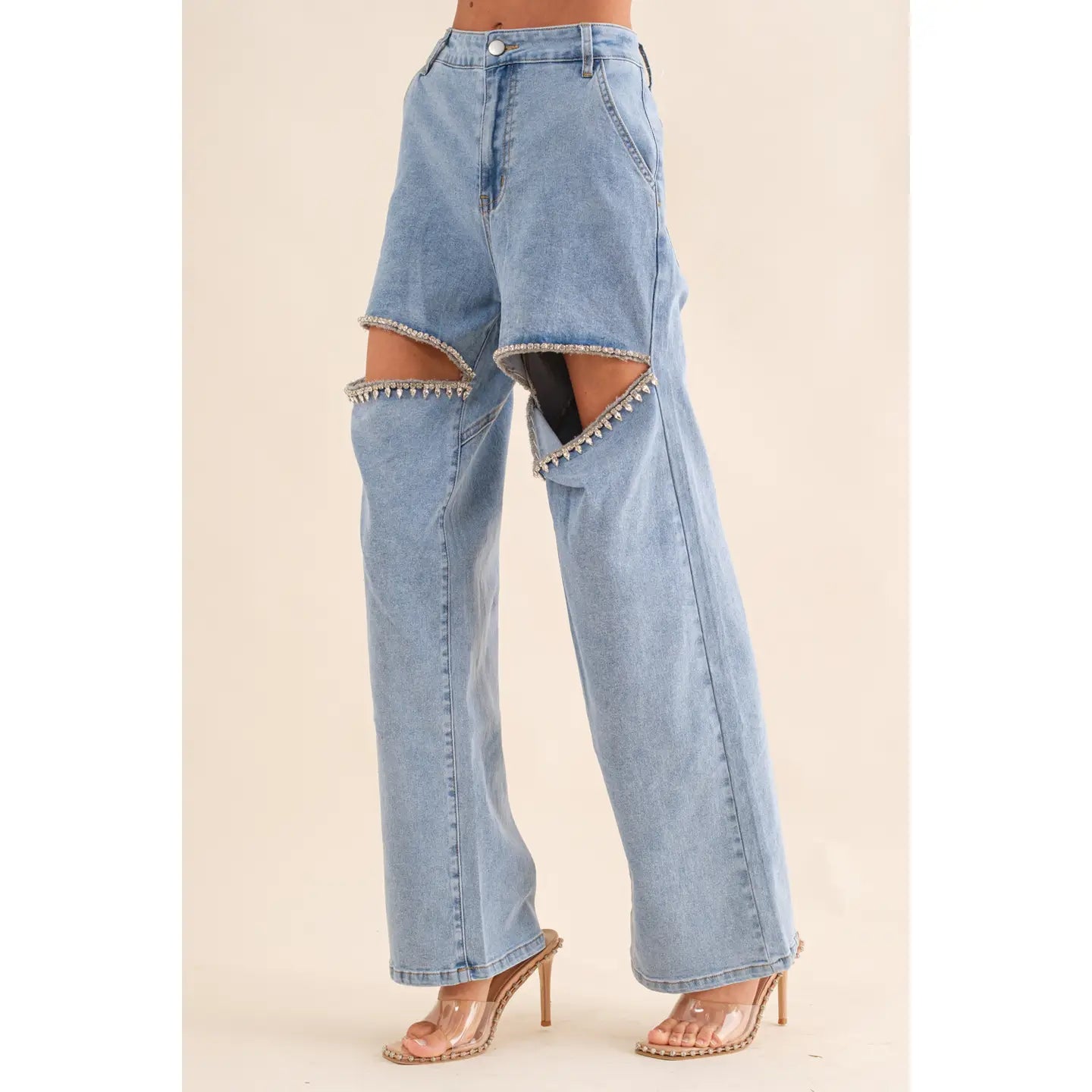 Cut Out Front Rhinestone Washed Denim Jeans